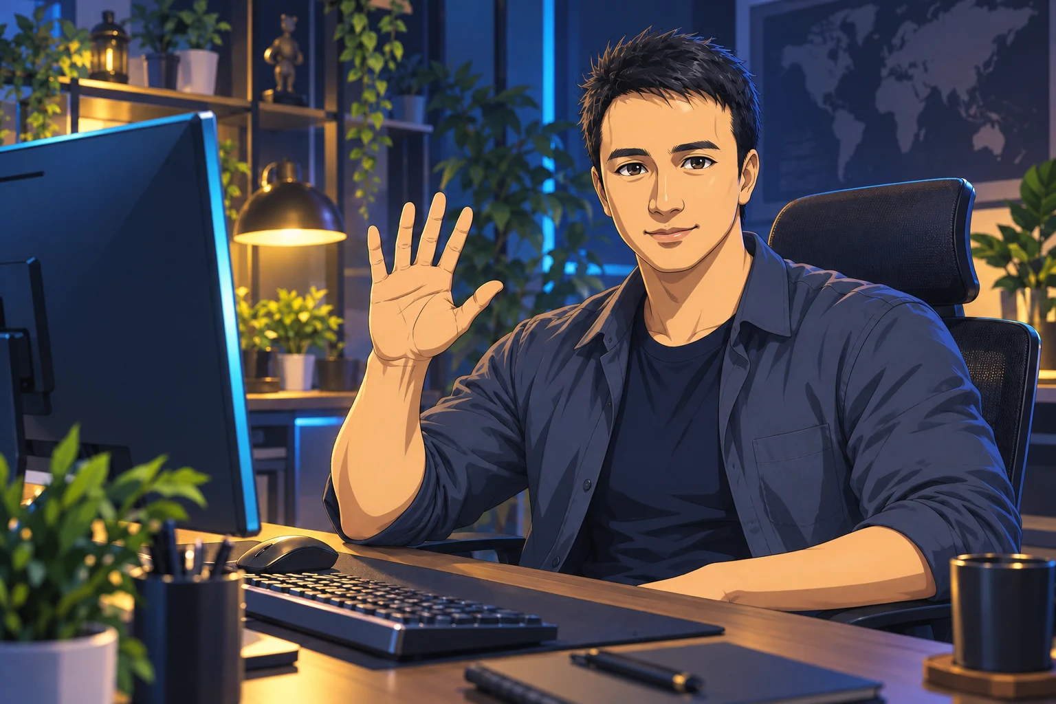 Anime portrait of Son at his computer